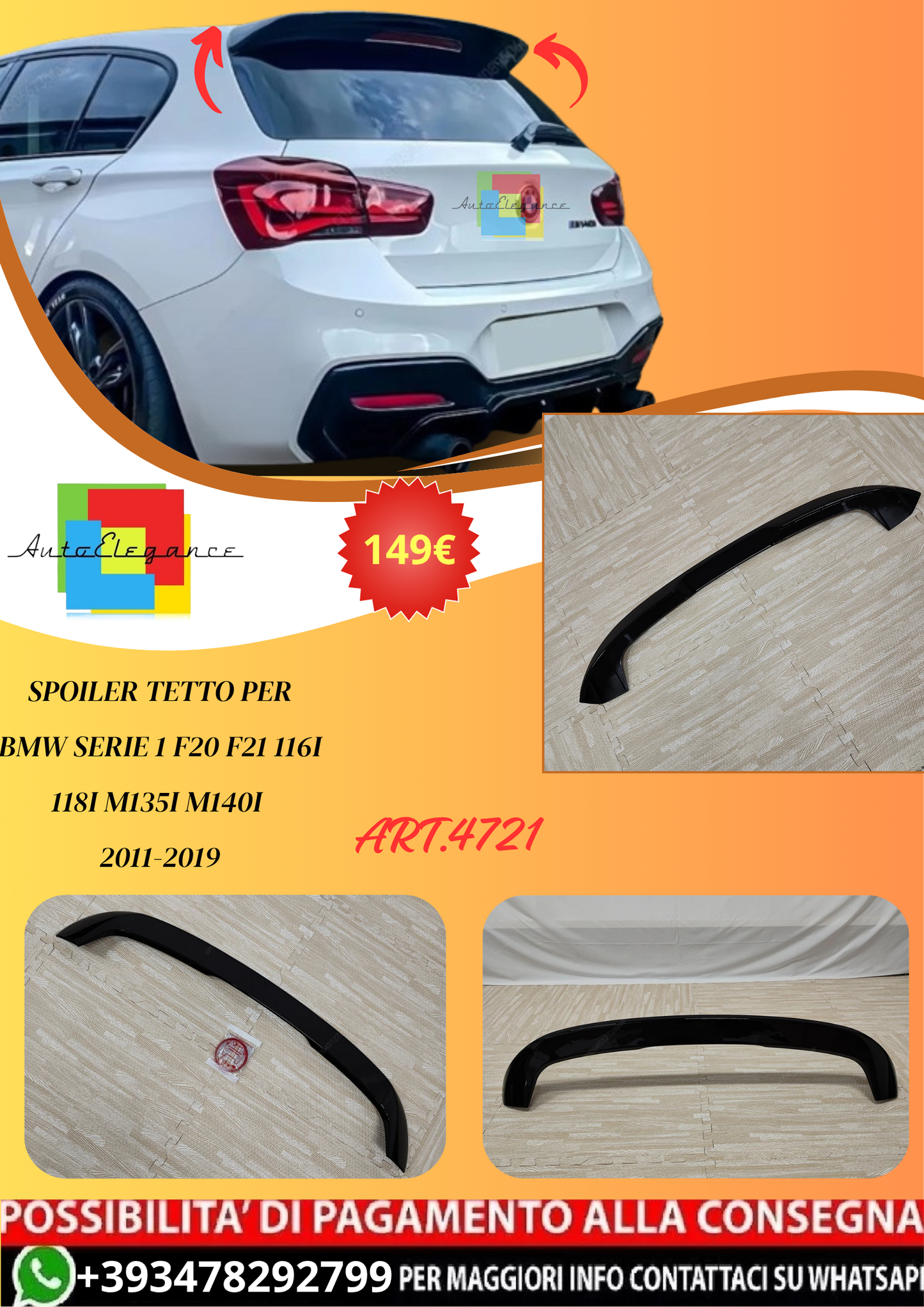 💫ART.4721 Spoiler Tetto per BMW 1 Series F20 F21 118i M135i M140i 2011-2019💫