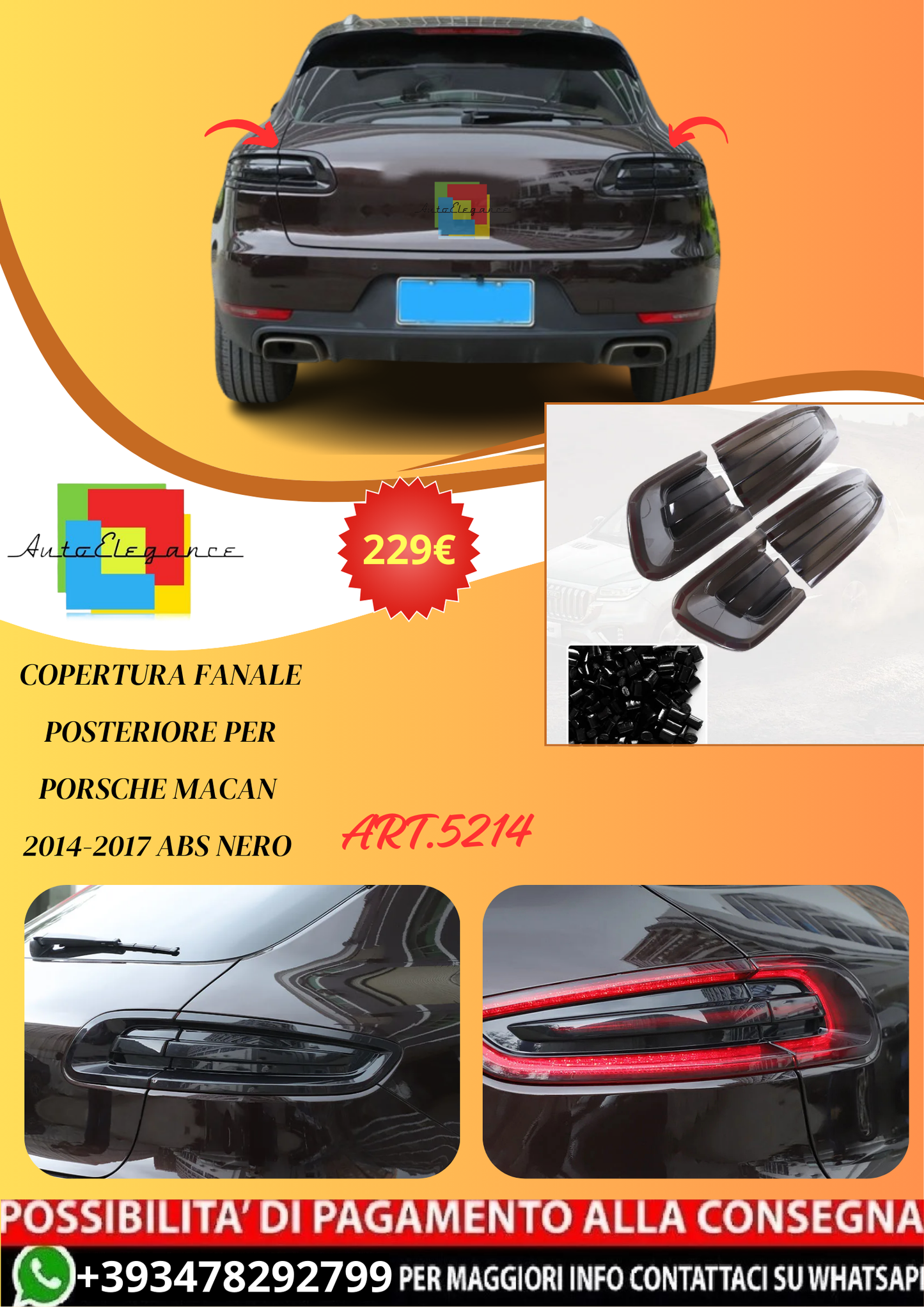 💫ART.5214 Copertura Fanale Posteriore per Porsche Macan 2014-2017 ABS Nero💫
