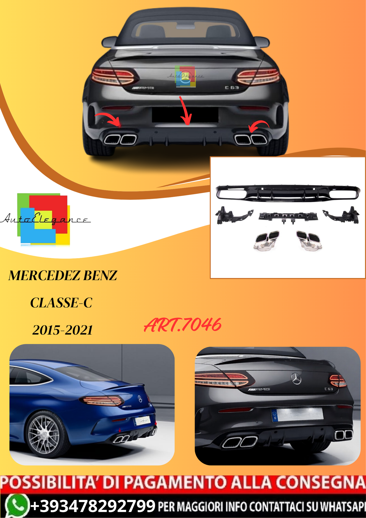 💫ART.7046 Diffusore + Terminali C63 AMG Facelift Look per Classe-C 15-21💫