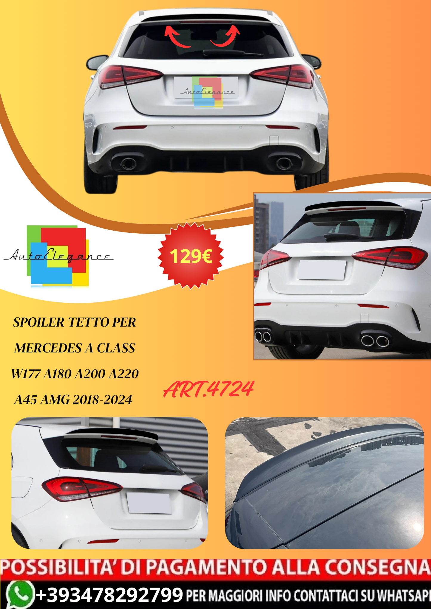 💫ART.4724 Spoiler Tetto per Mercedes A Class W177 A180 A200 A45 AMG 2018-2024💫