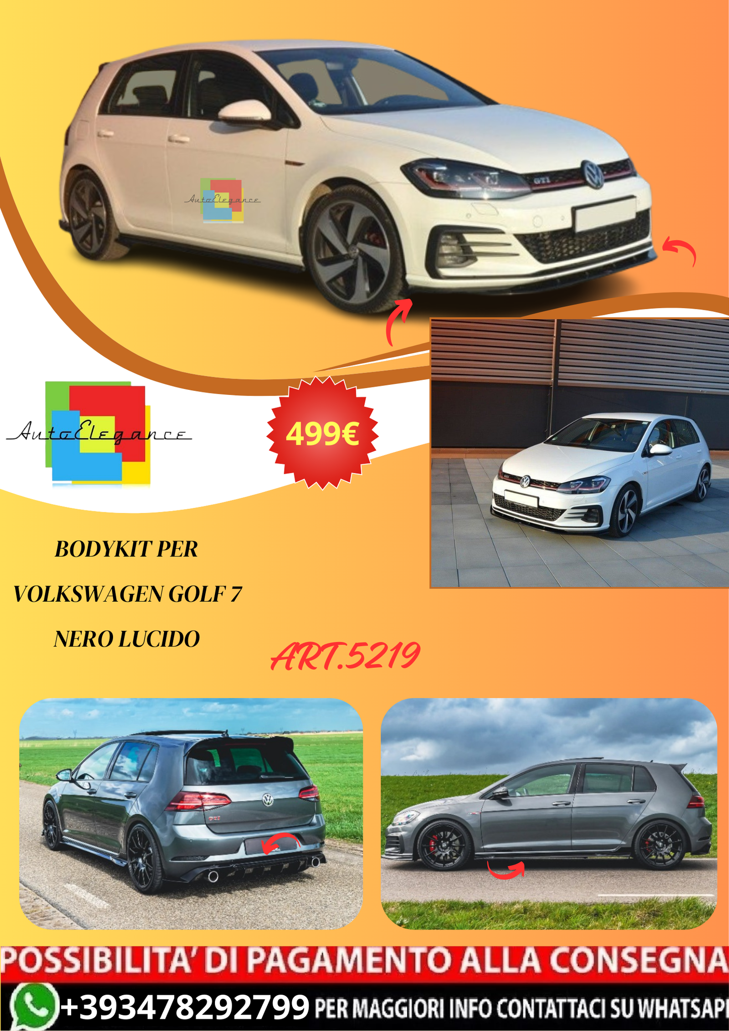 💫ART.5219 Bodykit per Volkswagen Golf 7 Nero Lucido💫