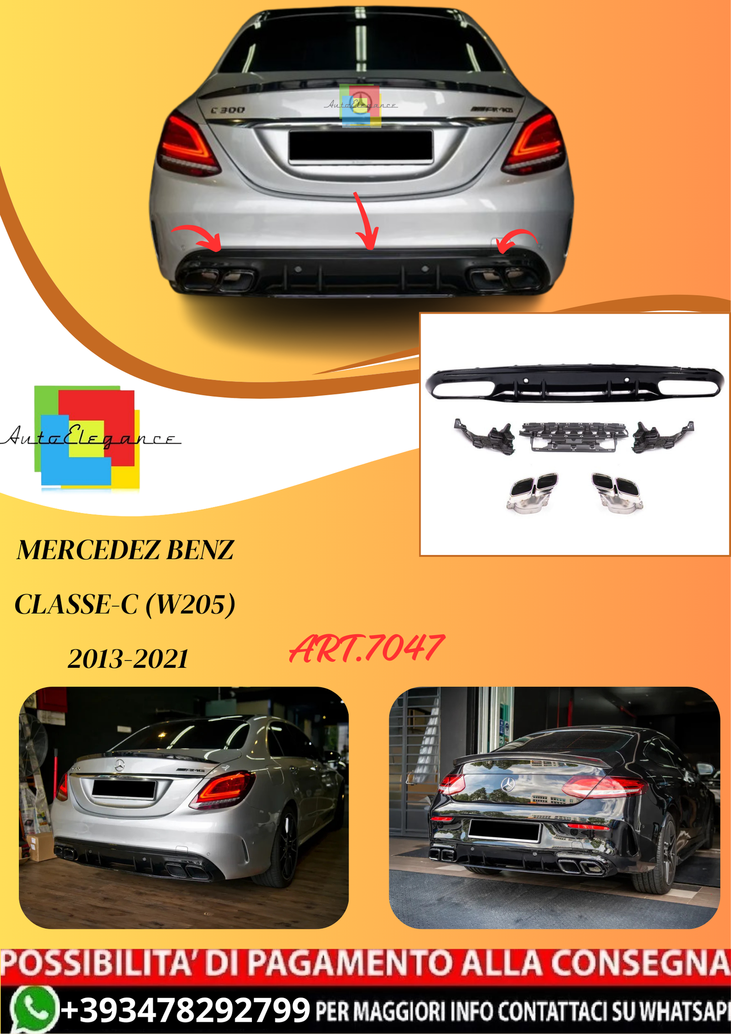 💫ART.7047 Diffusore + Terminali C63 AMG Facelift Look per Classe-C W205 13-21💫