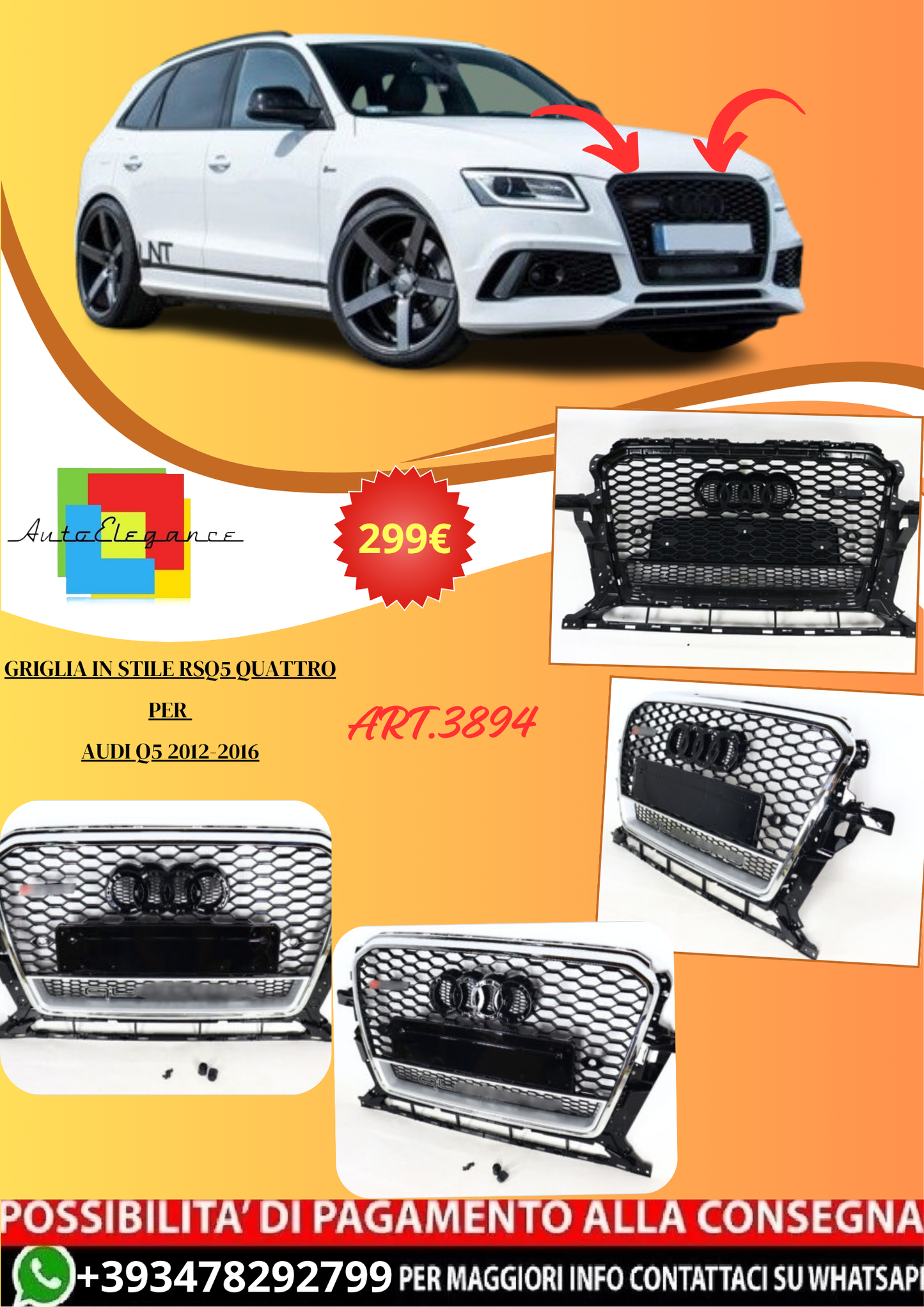 💫ART.3894 Griglia in stile RSQ5 Quattro Per Audi Q5 2012-2016 (cromata)💫
