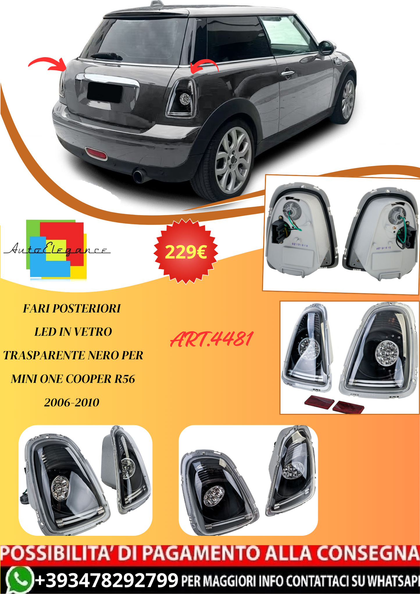 💫ART.4481 Fari Posteriori in vetro trasparente Nero per Mini One Cooper R56💫