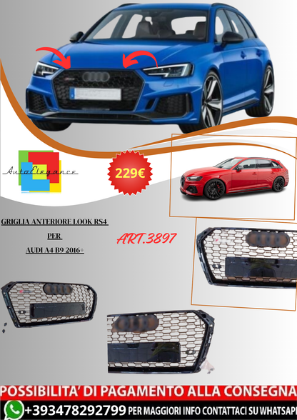 💫ART.3897 Griglia Anteriore look RS4 Per Audi A4 B9 2016+ (Nero)💫