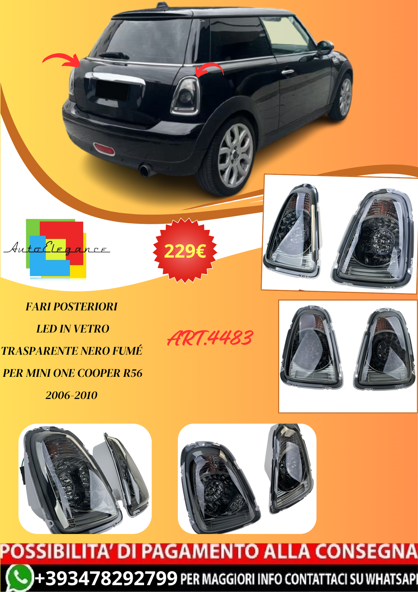 💫ART.4483 Fari Posteriori in vetro trasparente Nero Fumé per Mini One Cooper💫