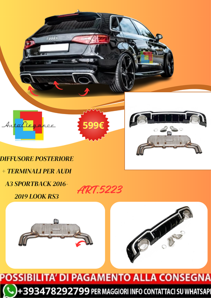 💫ART.5223 Diffusore Posteriore + Terminali per Audi A3 SB 2016-2019 Look RS3💫