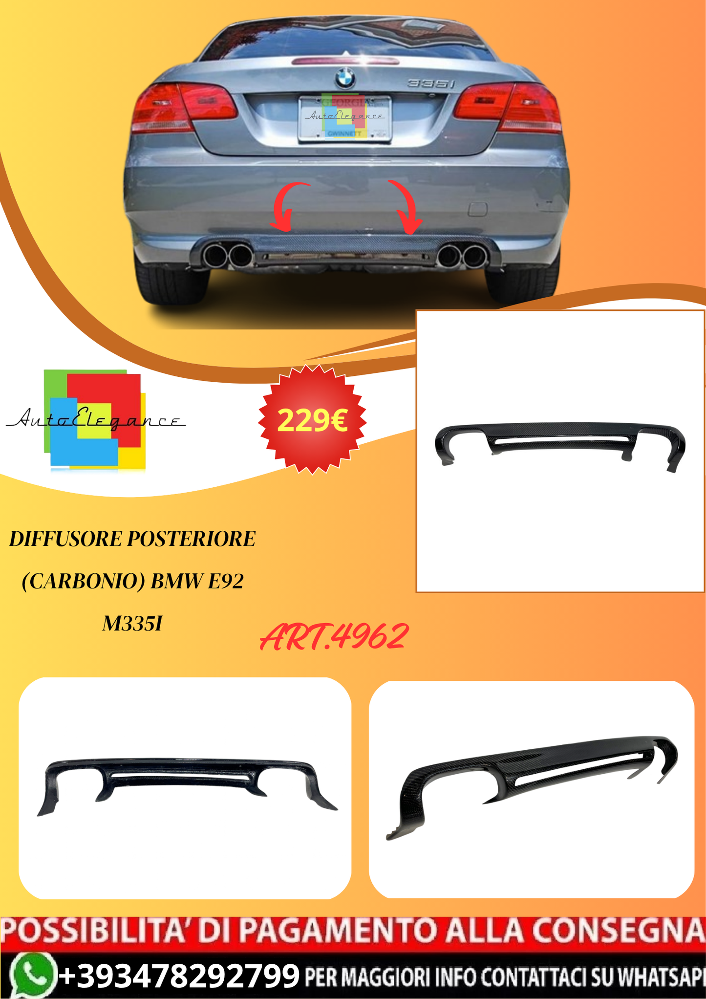 💫ART.4962 Diffusore Posteriore (Carbonio) per BMW E92 M335I💫