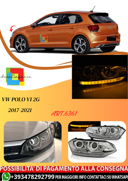 💫ART.6361 FARI ANTERIORI SEQ LED CROMATI VW POLO VI 2G 2017-2021 💫