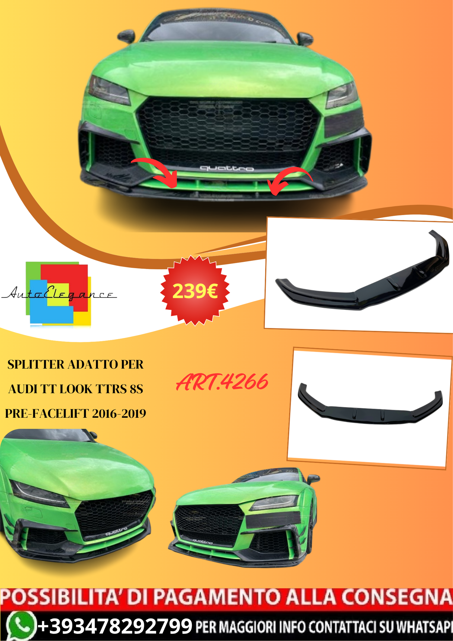 💫ART.4266 Splitter per Audi TT look TTRS 8S Pre-Facelift 16-19 Nero Lucido💫