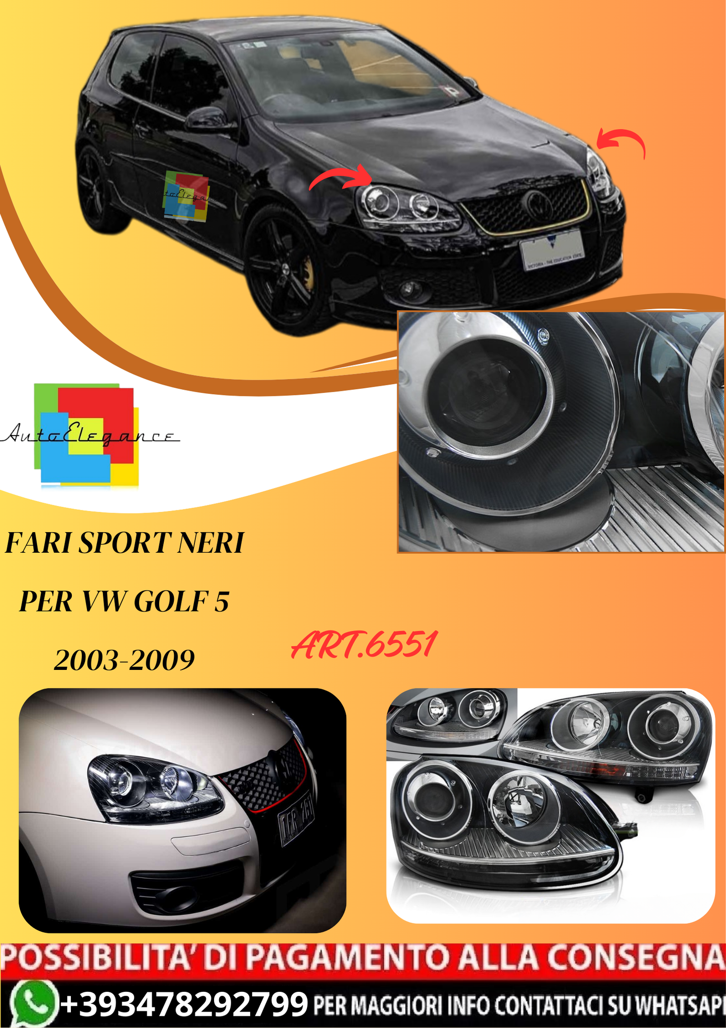 💫ART.6551 FARI SPORT NERI per VW GOLF 5 2003-2009💫