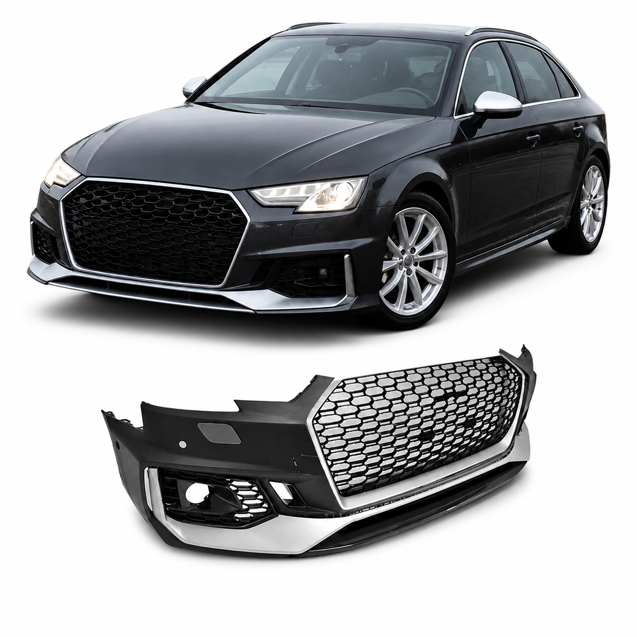 👉Paraurti Anteriore Audi A4 B9 15-19 RS4 PDC SRA Griglie Argento Nero👈