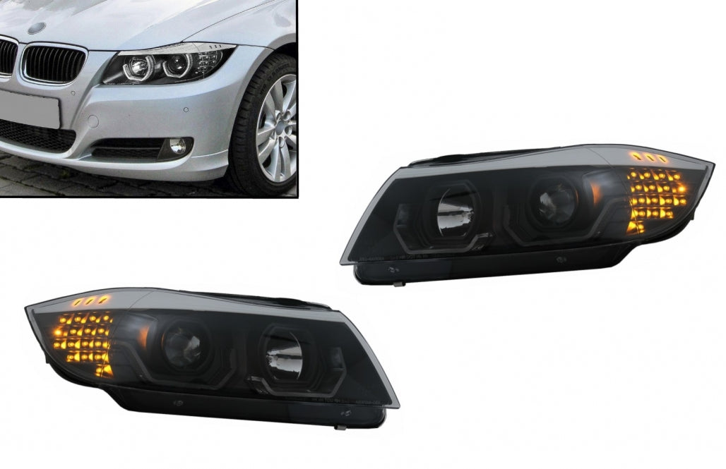 ⭐Fari Angel Eyes a LED 3D adatti per BMW Serie 3 E90 E91 Touring 05-08 LHD Nero⭐