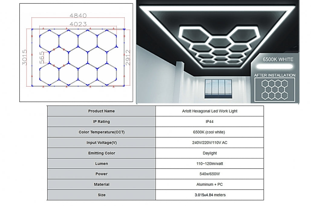 Sistema di illuminazione a soffitto a nido d'ape esagonale 4,02 x 2,91 m