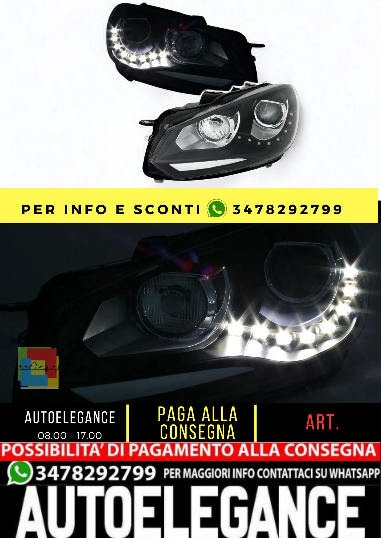 🔥Set fari per VW Golf6 2008-2013 con luci di marcia diurna LED alogeni H7 neri🔥