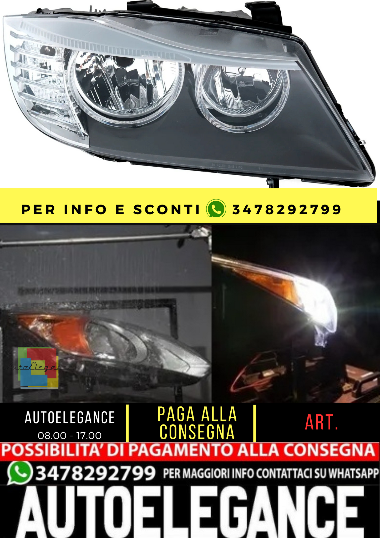 🔥Faro destro per serie 3 BMW E90 Limo E91 Touring 08-11Anelli LED Angel Eye H🔥