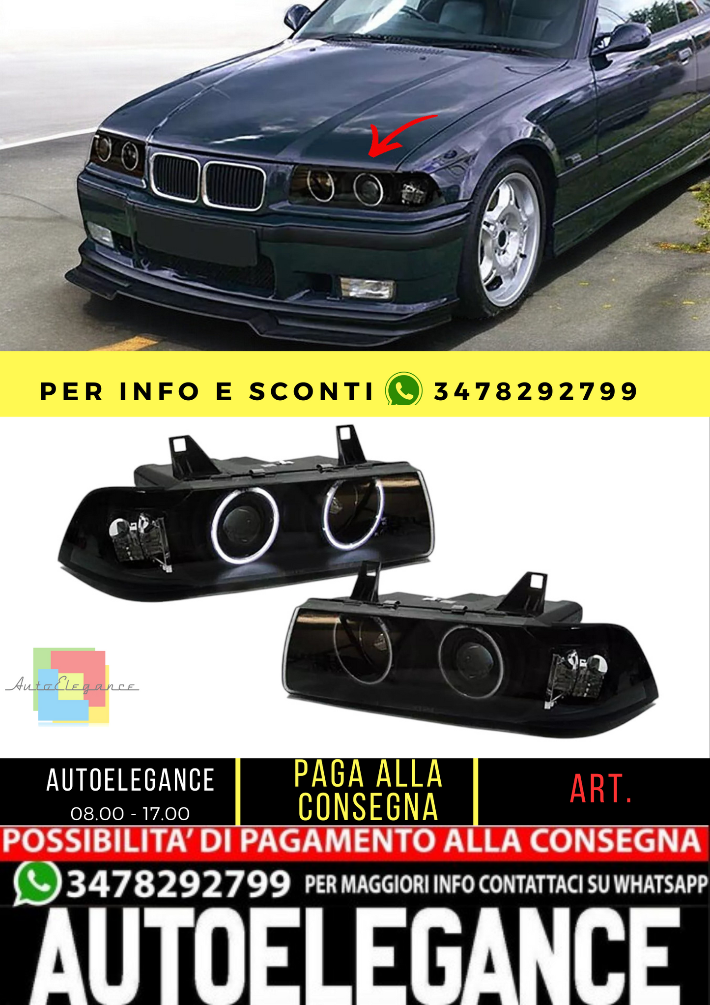 🔥Black CCFL Angel Eyes Headlights for BMW 3 SERIES E36 Coupe Convertible🔥