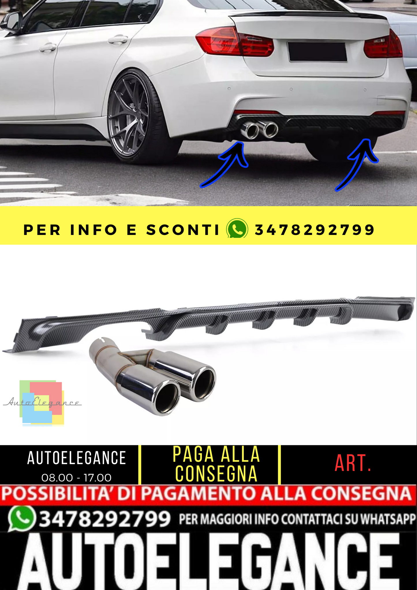 🔥Diffusore posteriore in carbonio+doppio tubo cromato per BMW F30 F31 316 318🔥