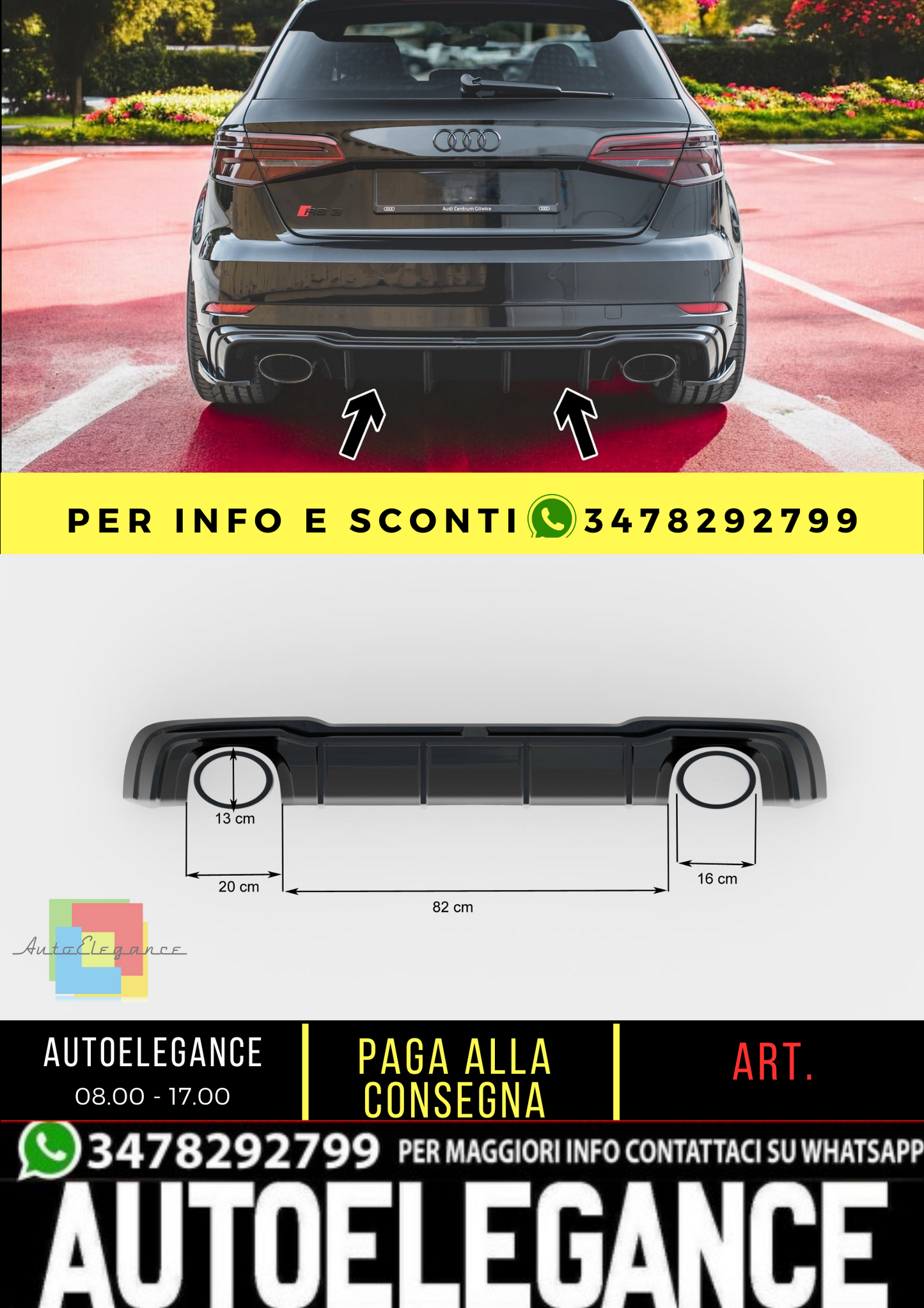 🔥Diffusore posteriore nero luci adatto per  Audi RS3 8V Sportback Facelift 🔥