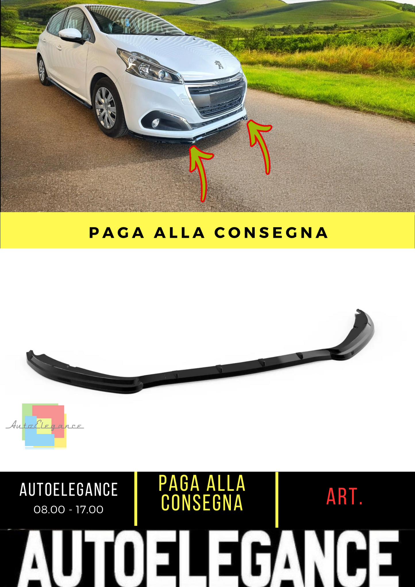 💫SPLITTER ANTERIORE PER PEUGEOT 208 MK1 FACELIFT (2015-2019) NERO LUCIDO ABS💫