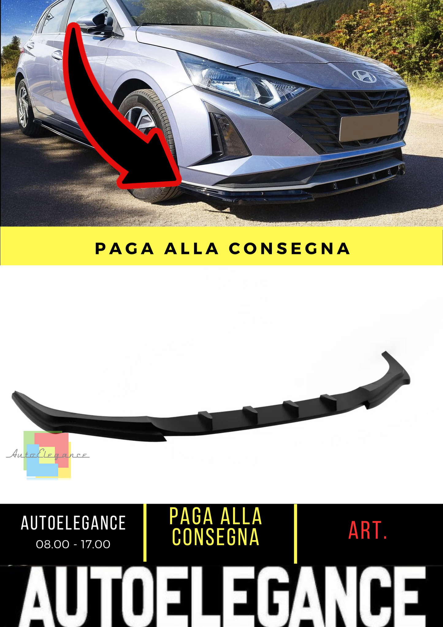⭐SPLITTER ANTERIORE PER HYUNDAI I20 MK3 FACELIFT (2023-) NERO LUCIDO ABS⭐