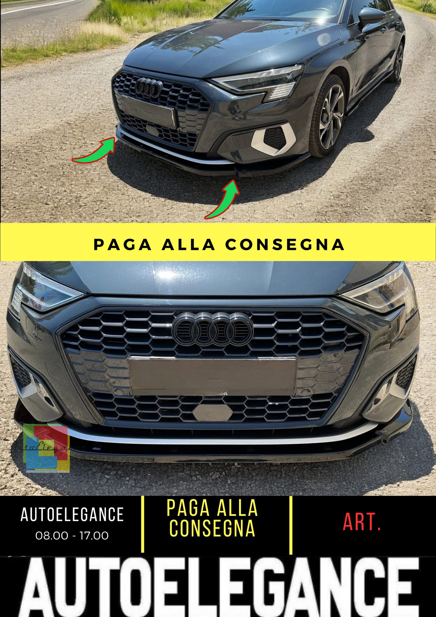 🔥SPLITTER ANTERIORE PER AUDI A3 8Y SPORTBACK / SALOON (2020-) NERO LUCIDO ABS🔥