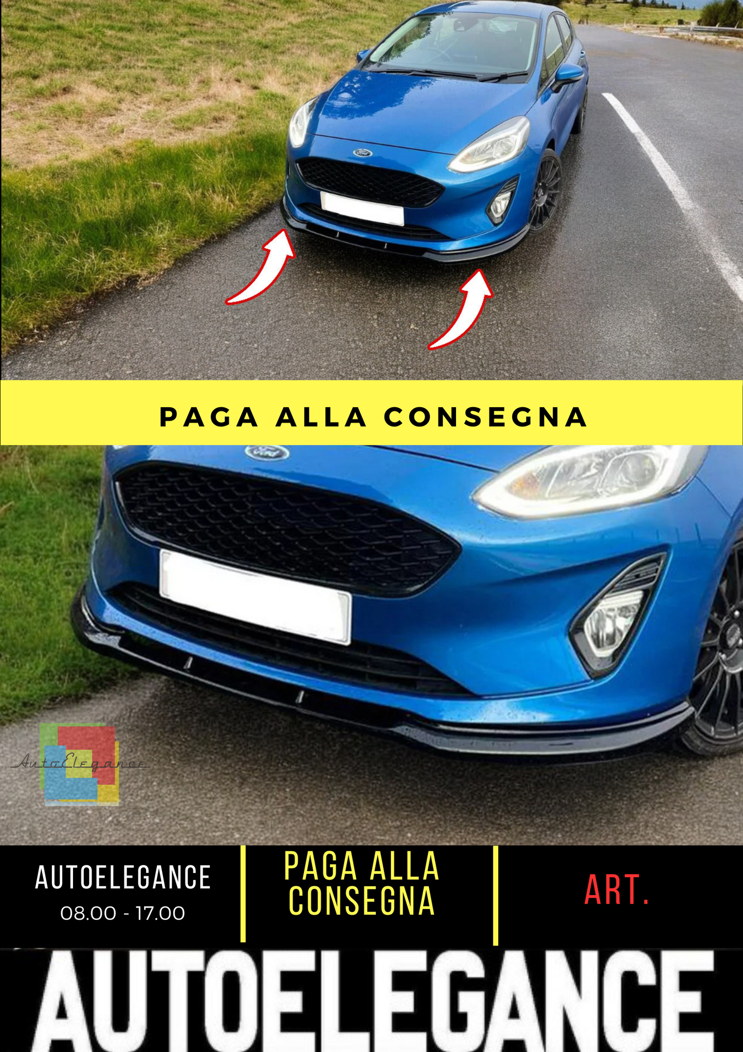 🔥SPLITTER ANTERIORE ADATTO PER FORD FIESTA MK8 (2017-2021) NERO LUCIDO ABS🔥
