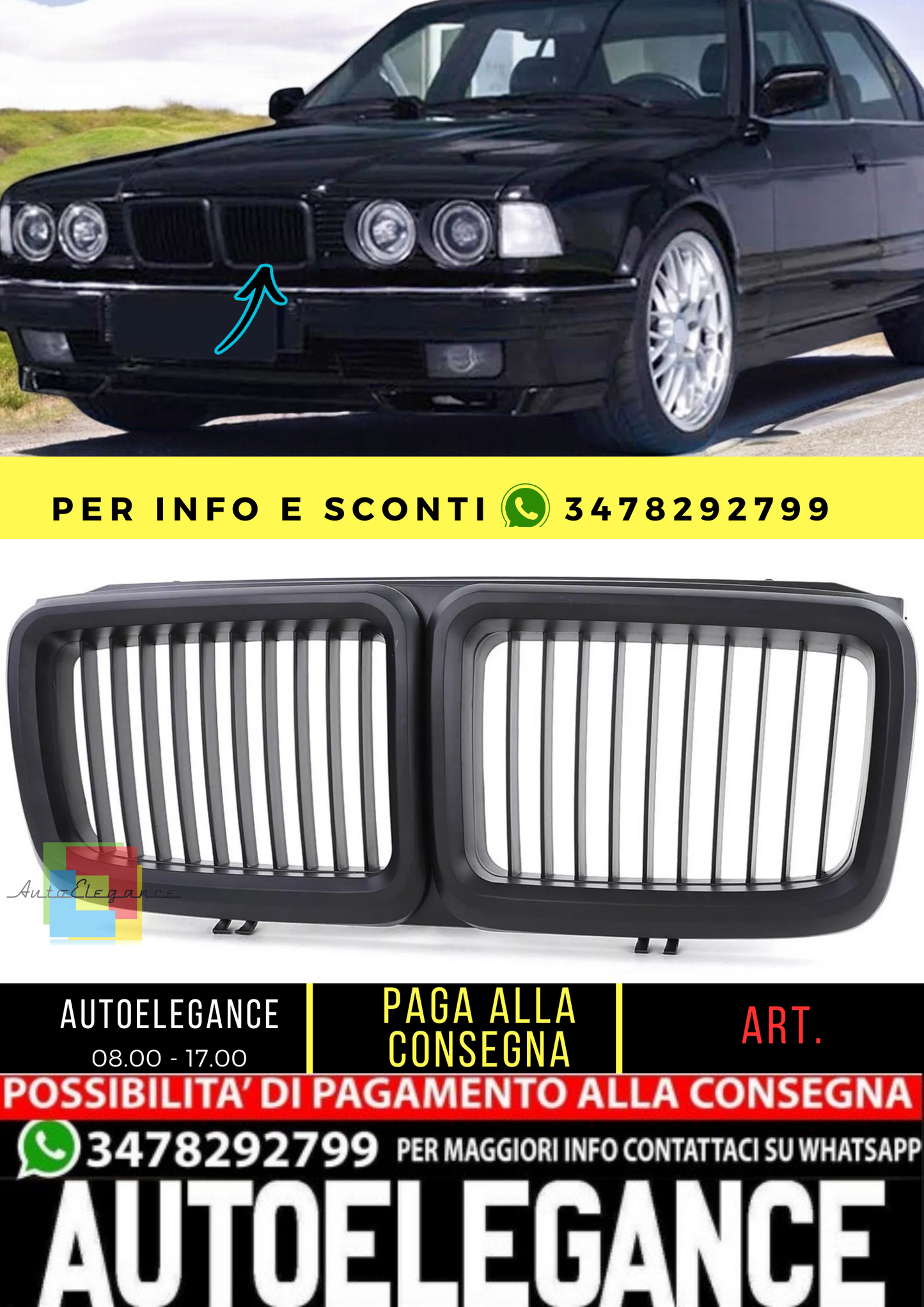 🔥Griglia del radiatore sportiva Performance Nera Opaca per BMW Serie 7 E32 86🔥