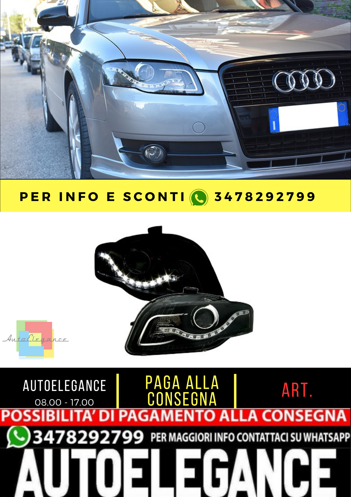 🔥Set fari neri per Audi A4 B7 con ottica luce di marcia diurna a LED BAR🔥