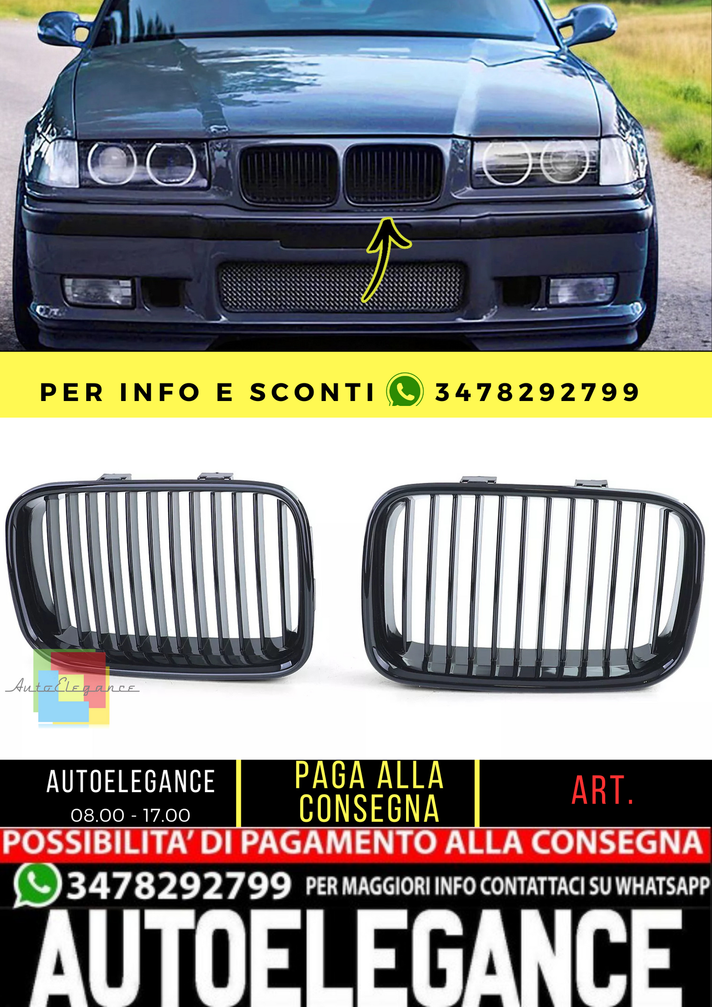 🔥Griglia del radiatore sportiva nera lucida per BMW Serie 3 E36 pre-restyling🔥