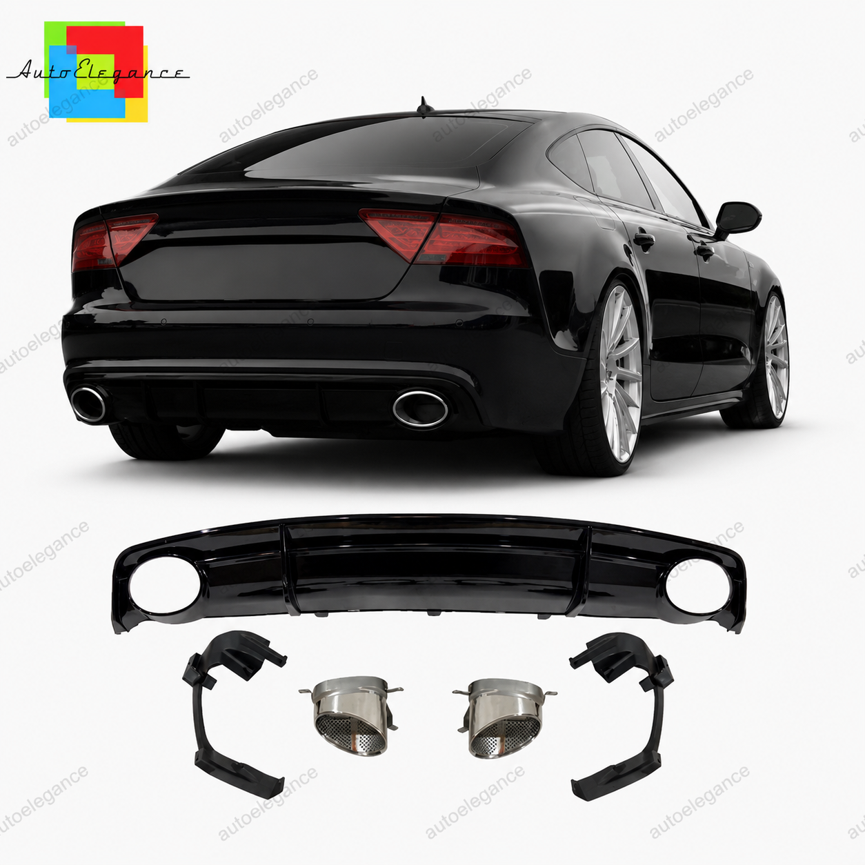 👉Diffusore Posteriore Look RS7 Nero Lucido+Terminali Argento Audi A7 S Line👈