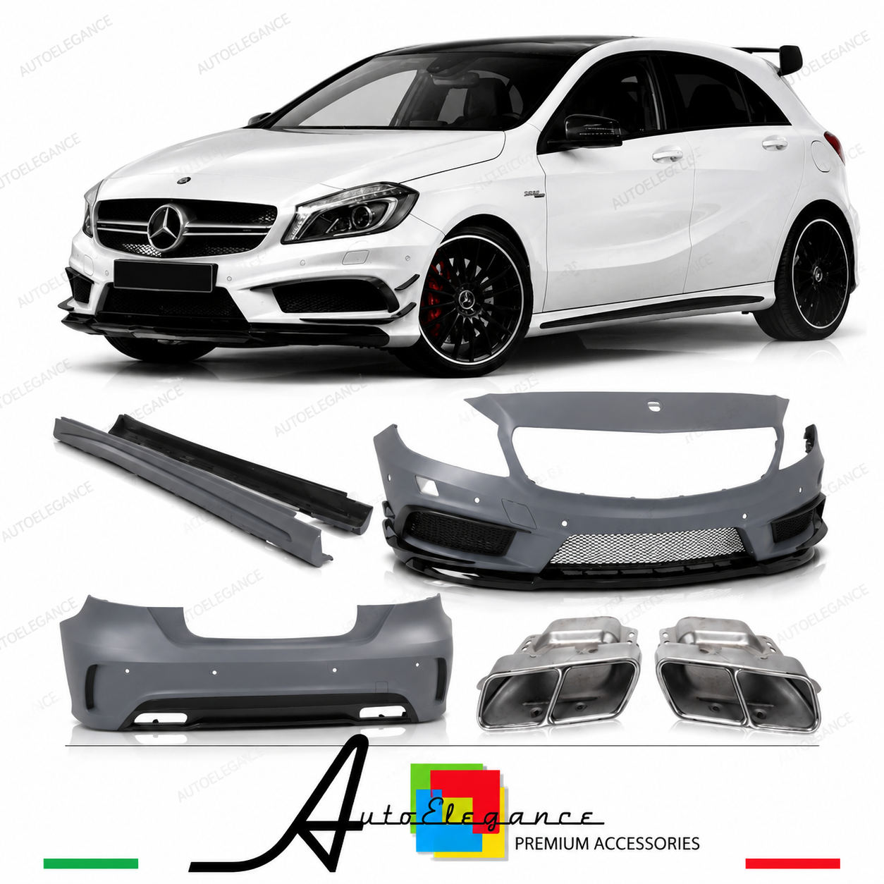 KIT CARROZZERIA MERCEDES W176 AMG A45 PARAURTI + MINIGONNE + TERMINALI DI SCARIC