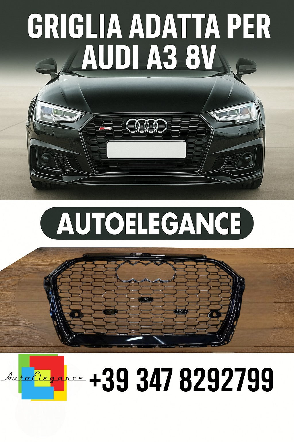 ⭐GRIGLIA ADATTA PER AUDI A3 8V 2017-2020 LOOK RS3 LOOK NERO LUCIDA⭐