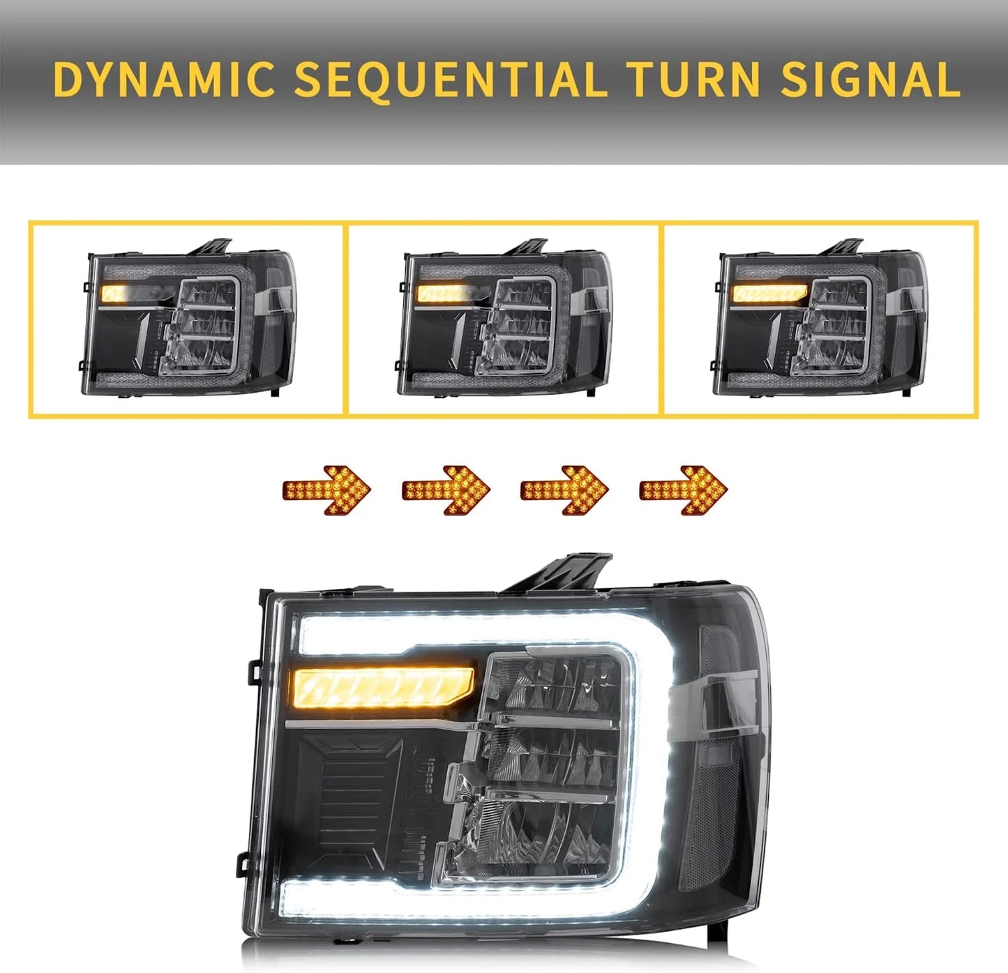 LED Headlights for GMC Sierra 1500 2500HD 3500HD 2007-2013 with Dynamic DRL 