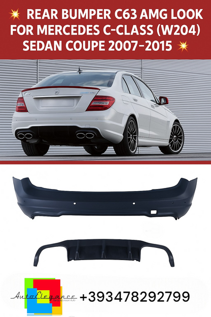 🔥REAR BUMPER C63 AMG LOOK FOR MERCEDES C-CLASS W204 SEDAN COUPE 2007–2015🔥
