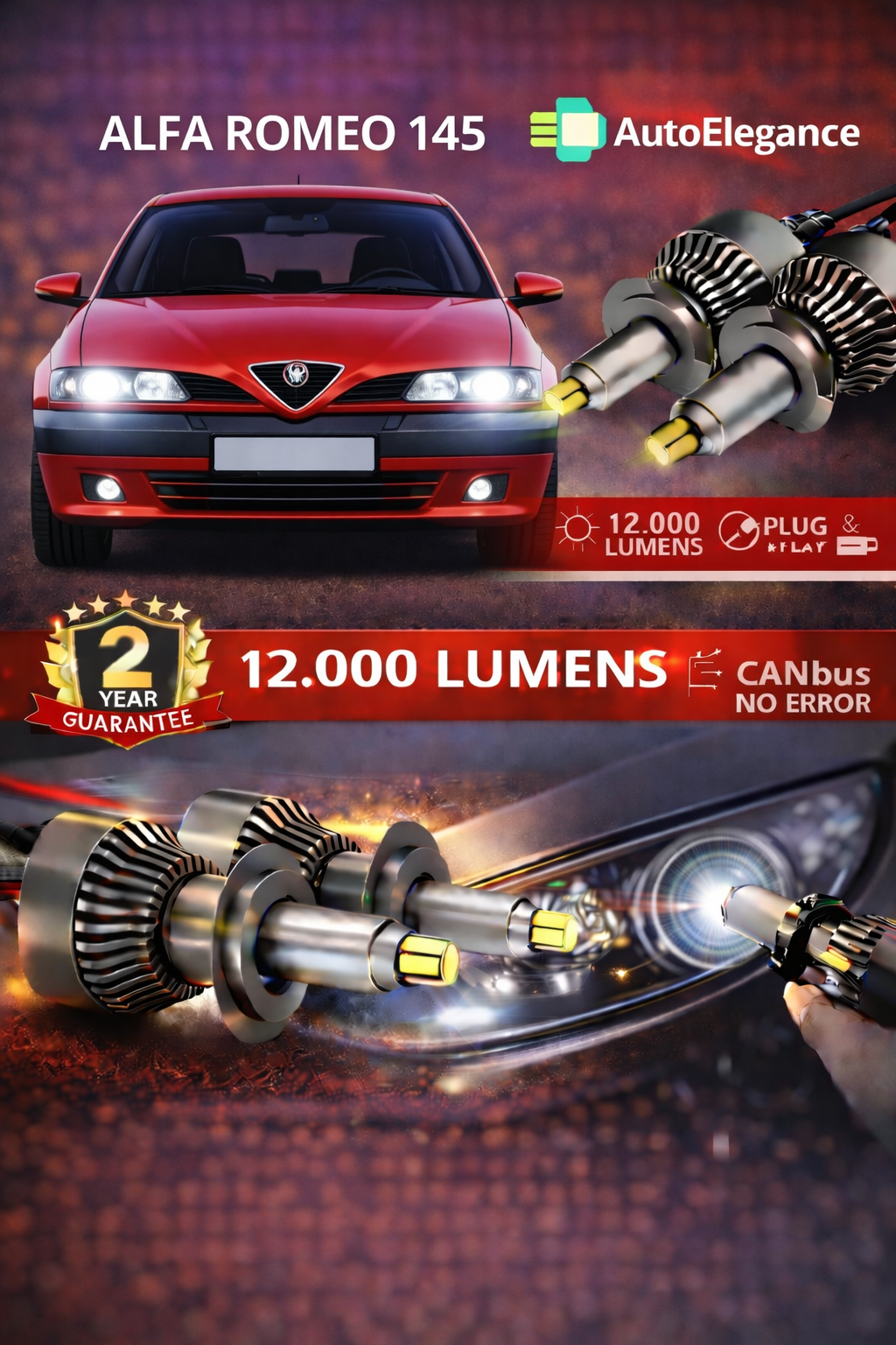 KIT LED Alfa Romeo 145 ANABAGLIANTI H7 CANBUS Bianco 6500K 360 gradi.