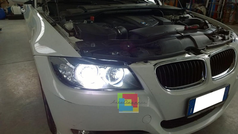 Coppia fari adatti per bmw e90 e91 angel eyes led bianchi con freccia led