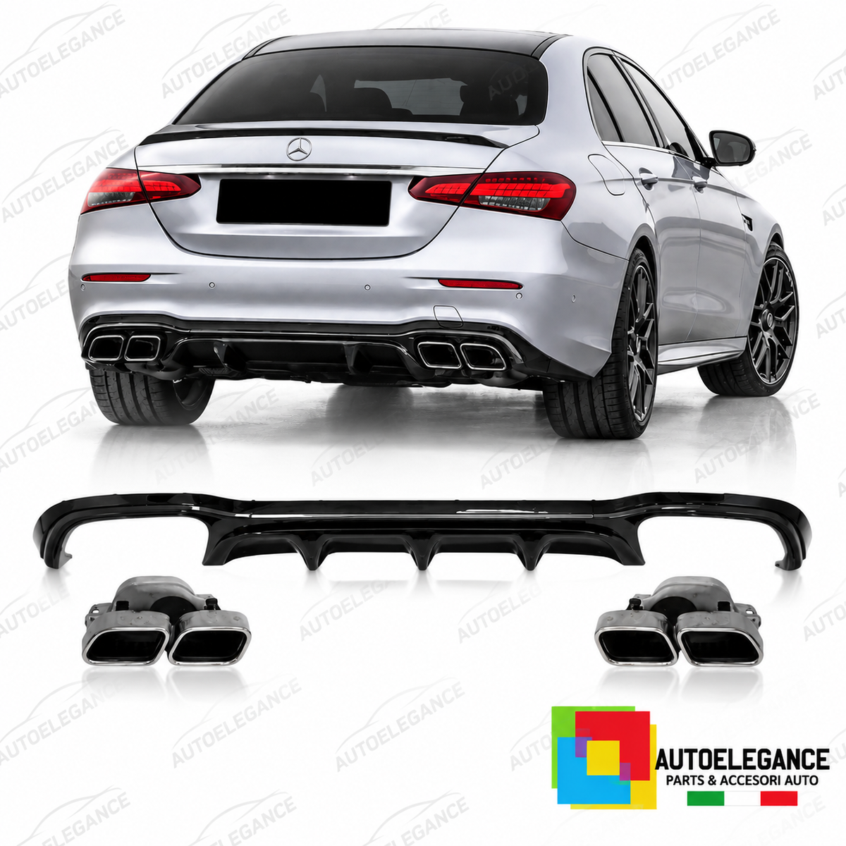 DIFFUSORE ADATTO PERMERCEDES W213 4P LOOK AMG E63 + TERMINALI DI SCARICO CROMATI