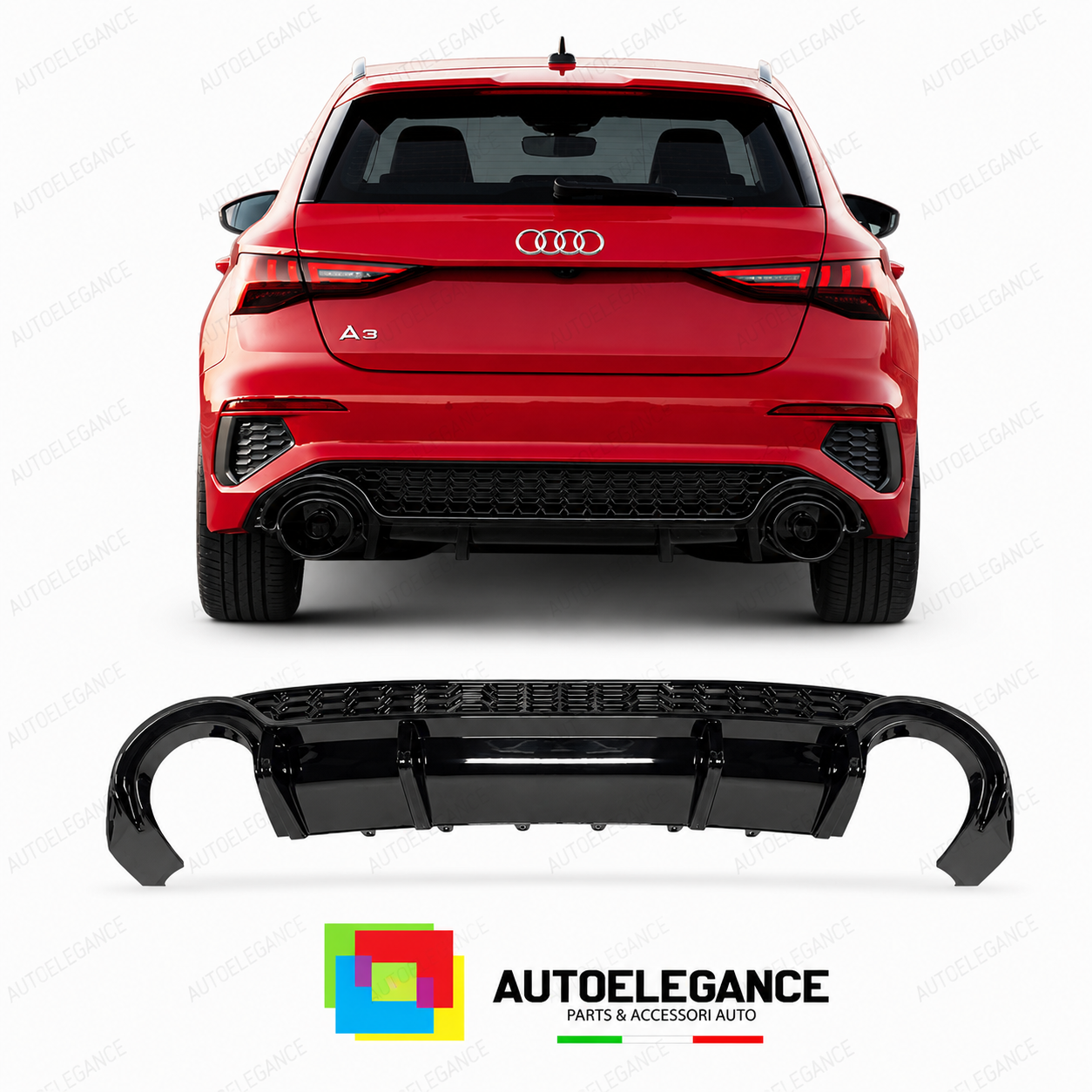 DIFFUSORE PER AUDI A3 21- LOOK RS3 NERO LUCIDO LINEA DI SCARICO
