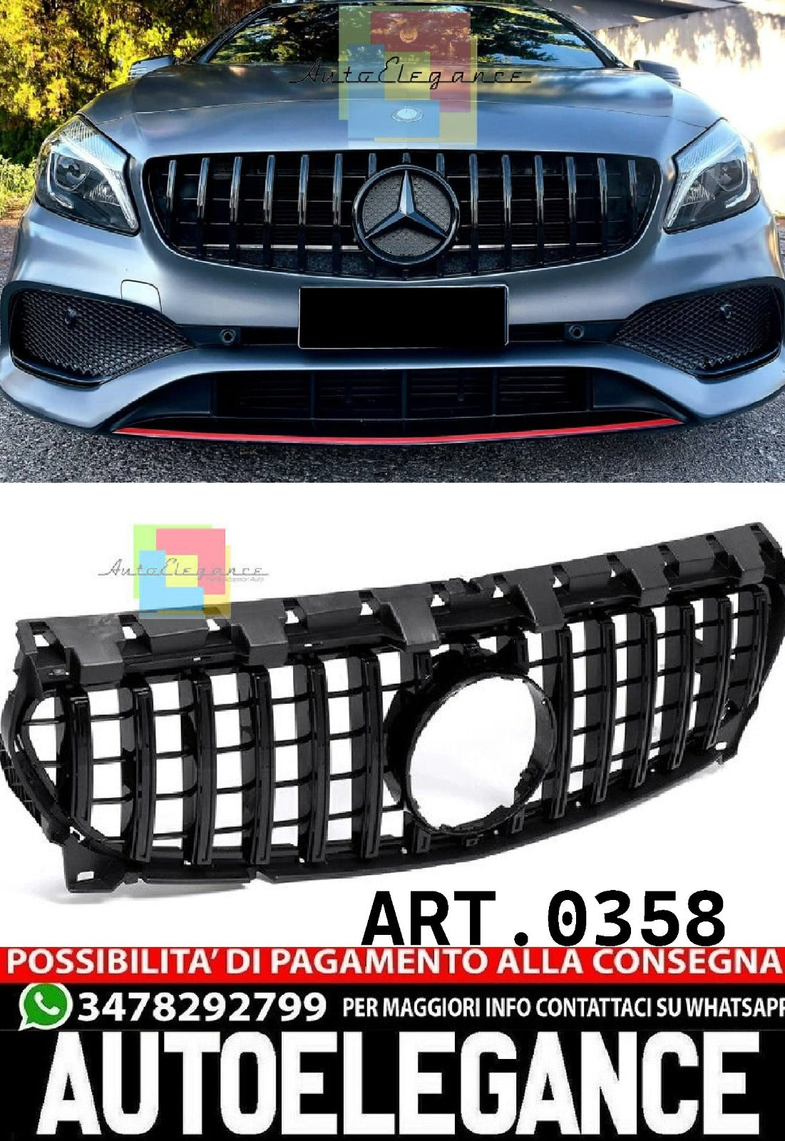 0358 Griglia sportiva nera lucida per Mercedes Classe A W176 12-15