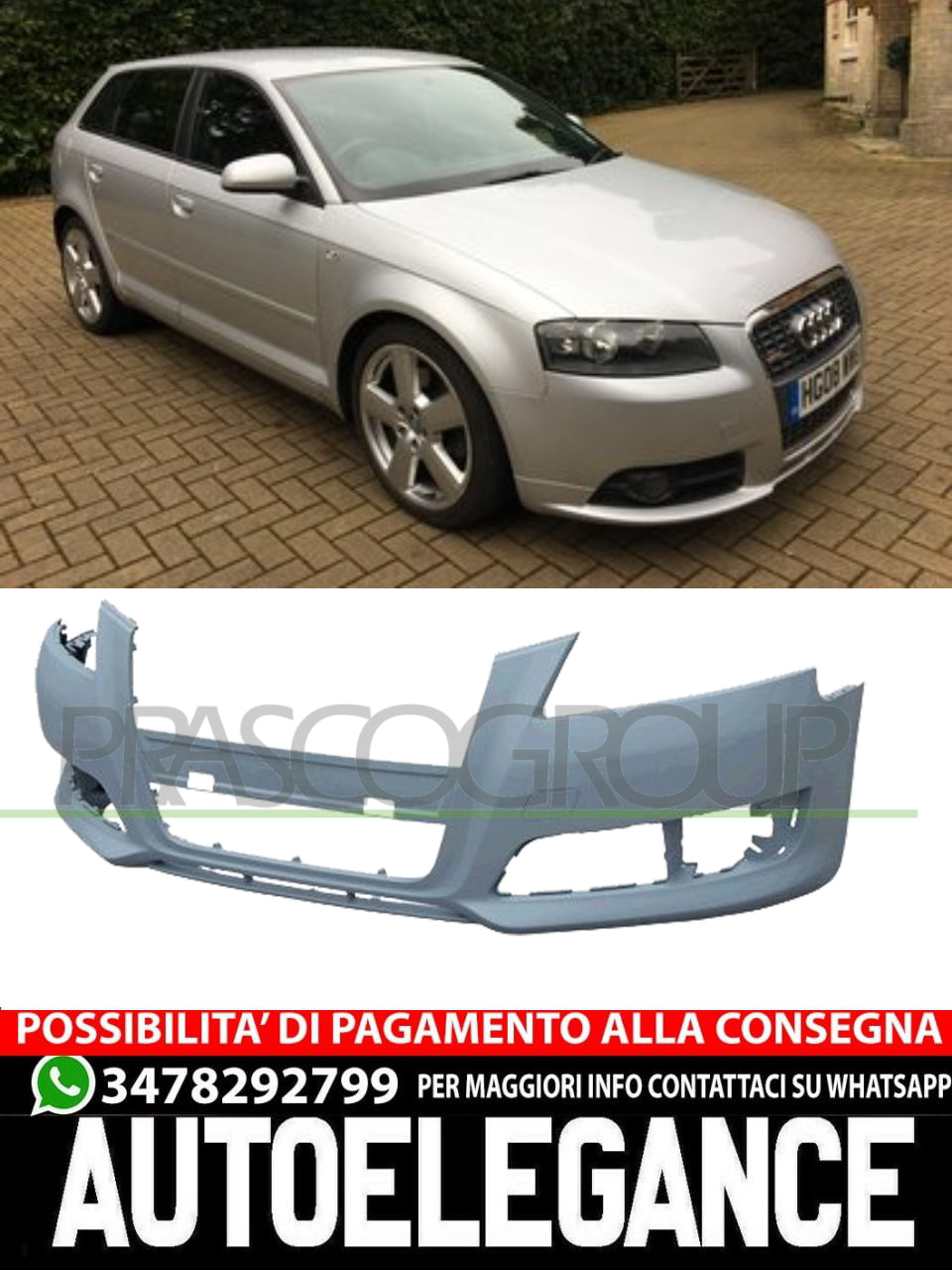 FRONT BUMPER for Audi A3 WITH PRIMER HOOK COVER CAP PDC TRACKS HEADLIGHT WASHER 8P0807105EGRU