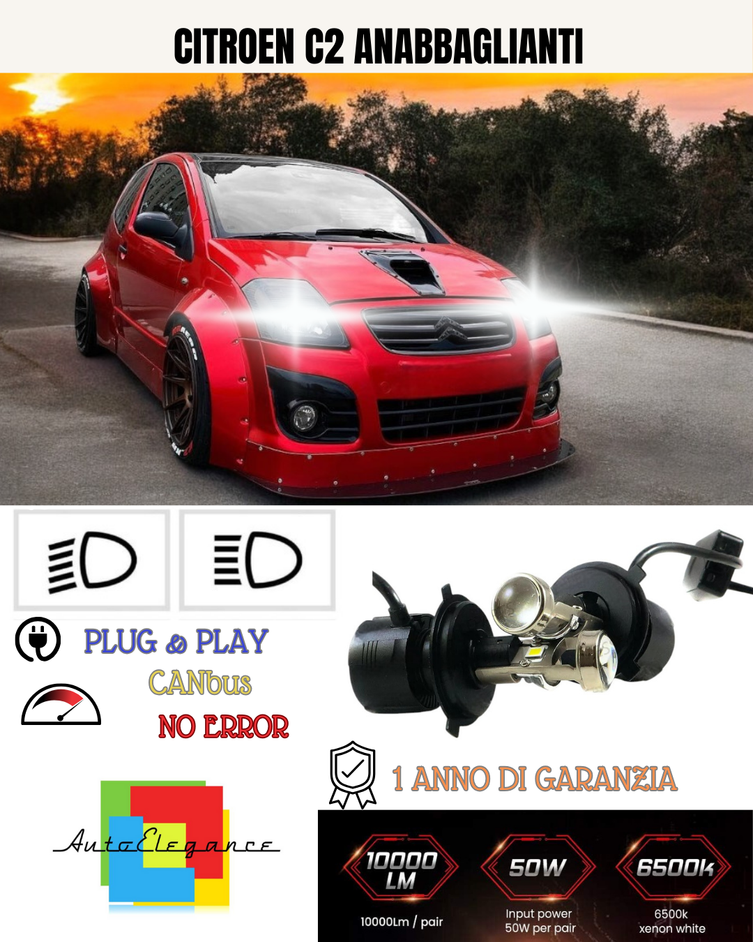 💕 KIT BI-LED H4 PER CITROEN C2 18000 LUMEN 6000K 💕