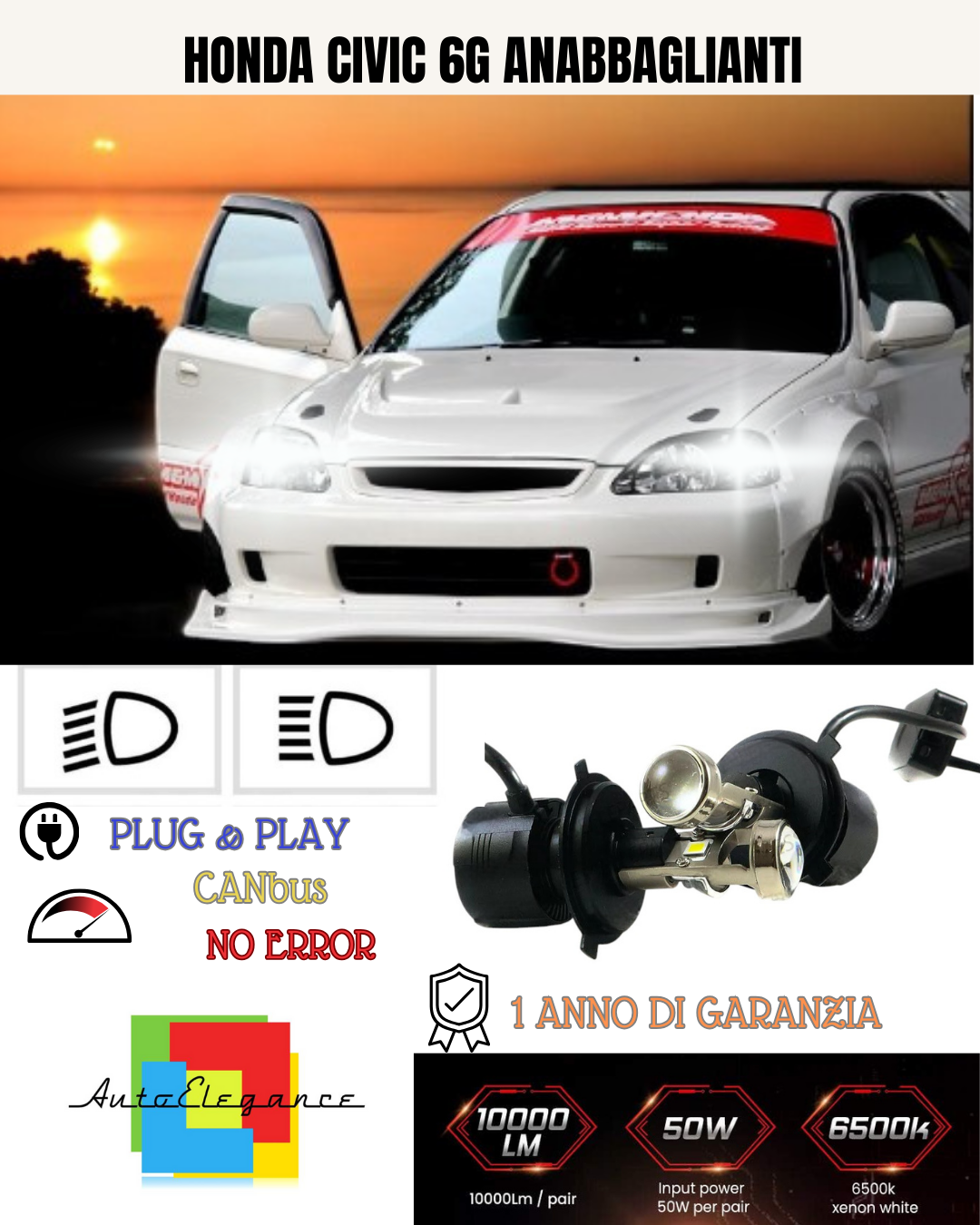 💕 KIT BI-LED H4 PER HONDA CIVIC 6G 18000 LUMEN 6000K 💕