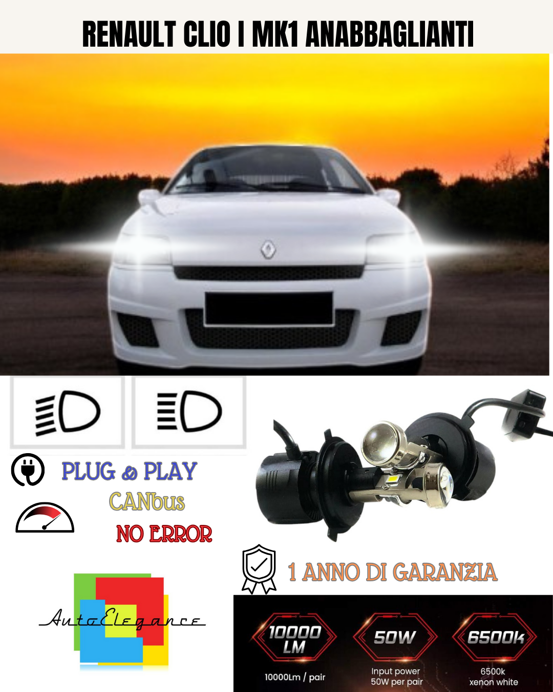 💕 KIT BI-LED H4 PER RENAULT CLIO I MK1 18000 LUMEN 6000K 💕