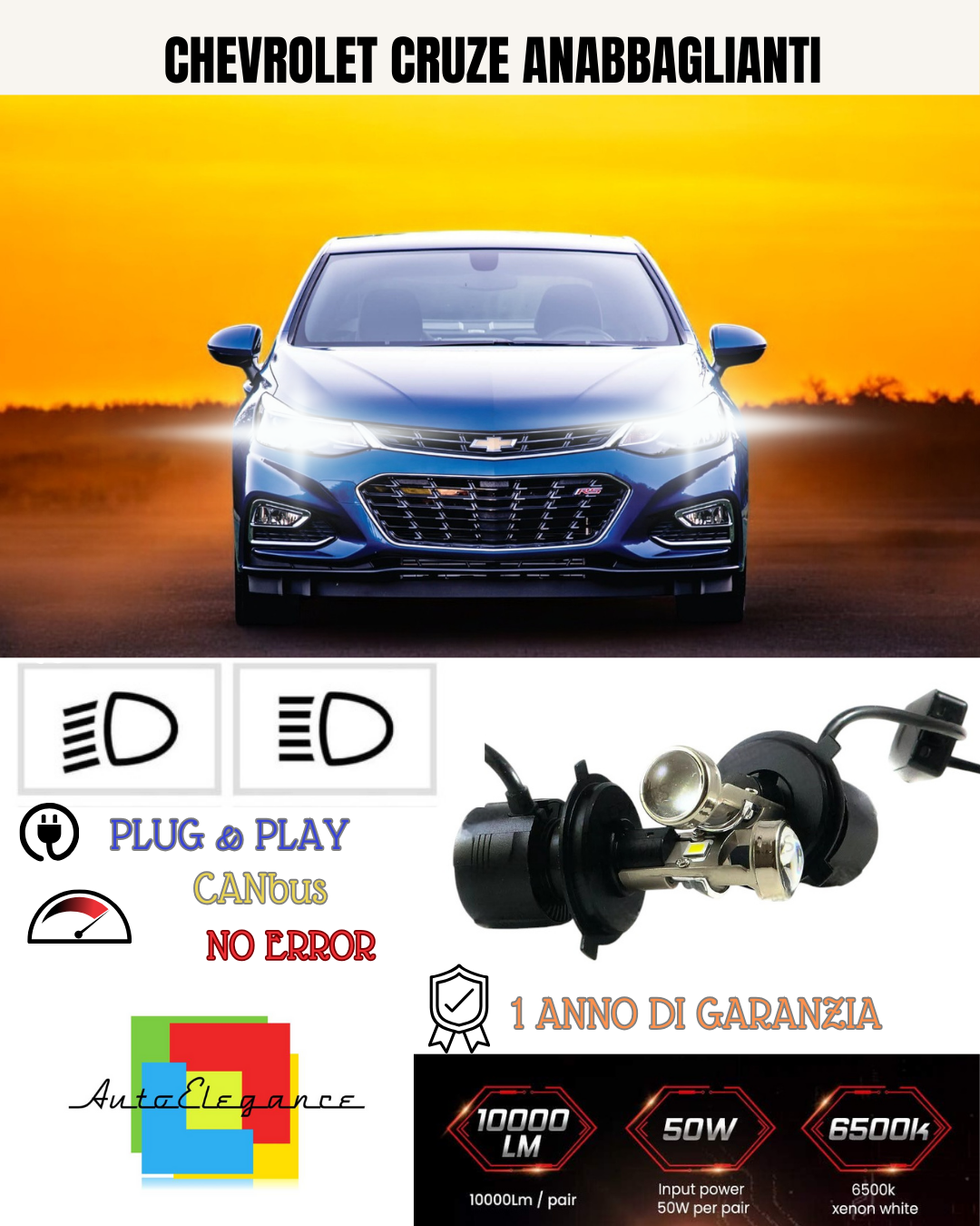 💕 KIT BI-LED H4 PER CHEVROLET CRUZE 18000 LUMEN 6000K 💕