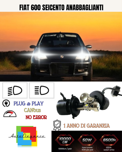 💕 KIT BI-LED H4 PER FIAT 600 SEICENTO 18000 LUMEN 6000K 💕