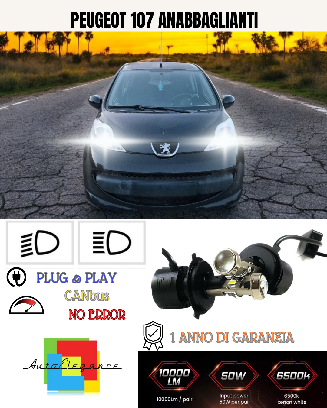 💕 KIT BI-LED H4 PER PEUGEOT 107 18000 LUMEN 6000K 💕