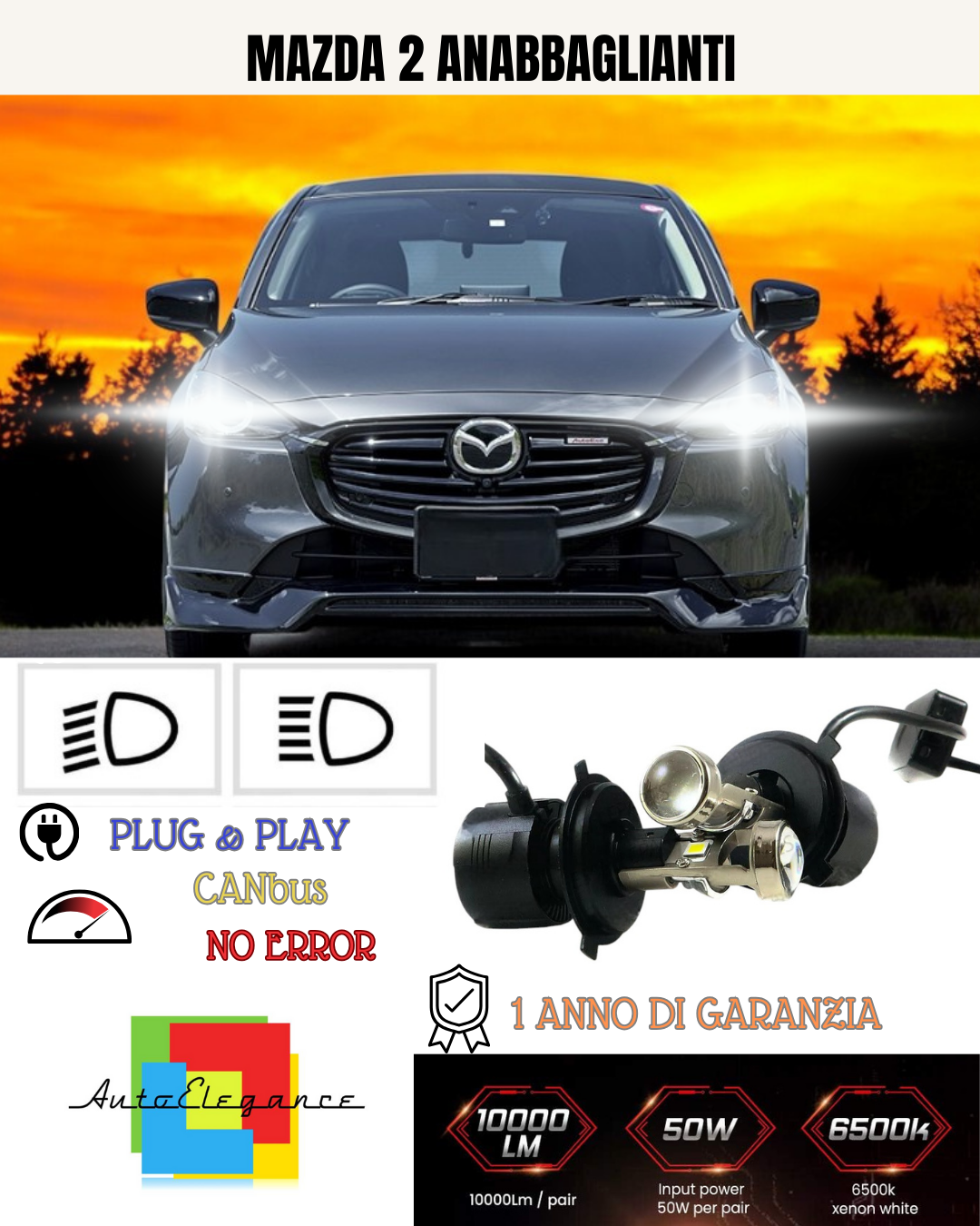 💕 KIT BI-LED H4 PER MAZDA 2 18000 LUMEN 6000K 💕
