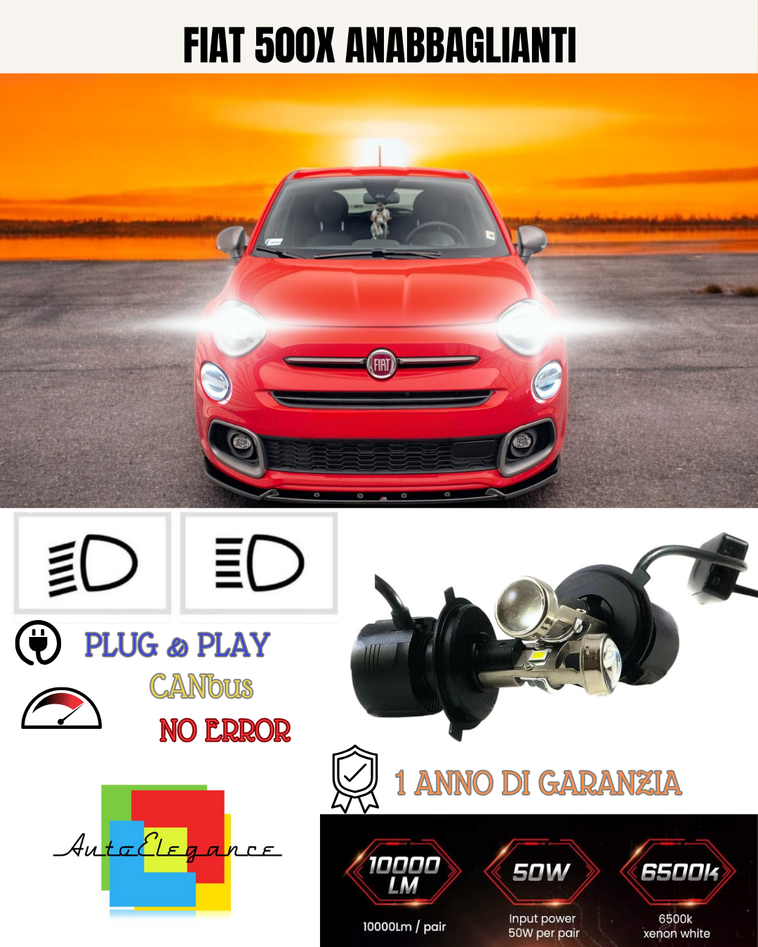 💕 KIT BI-LED H4 PER FIAT 500X 18000 LUMEN 6000K 💕