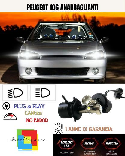 💕 KIT BI-LED H4 PER PEUGEOT 106 18000 LUMEN 6000K 💕